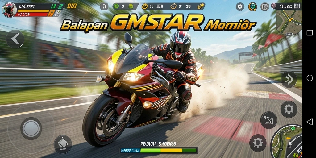 Tangkapan layar utama GMSTAR menampilkan aksi balapan motor yang mendebarkan.