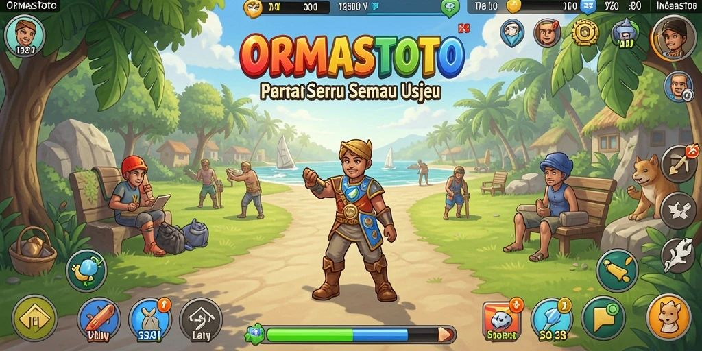 Tangkapan layar gameplay ORMASTOTO menampilkan keseruan bermain dengan karakter lucu.