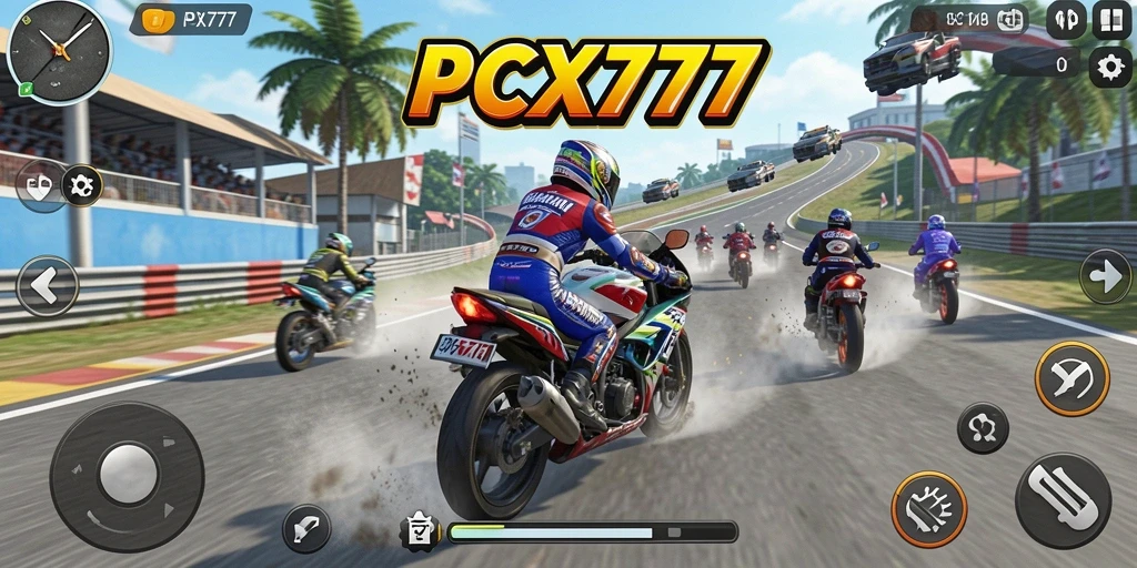 Screenshot gameplay PCX777 menampilkan aksi balapan seru dan grafis menawan.